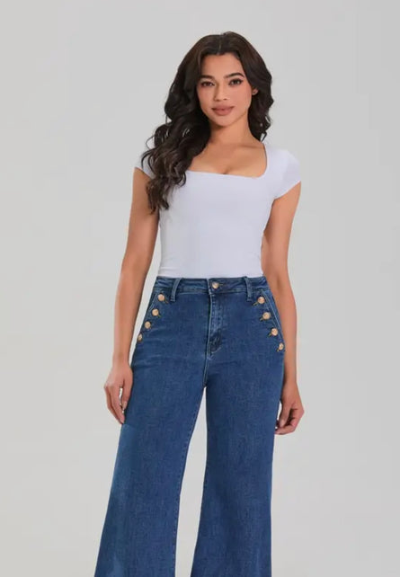 High Rise Sailor Wide Leg Jeans | Women’s Dark Wash Gold Button Denim