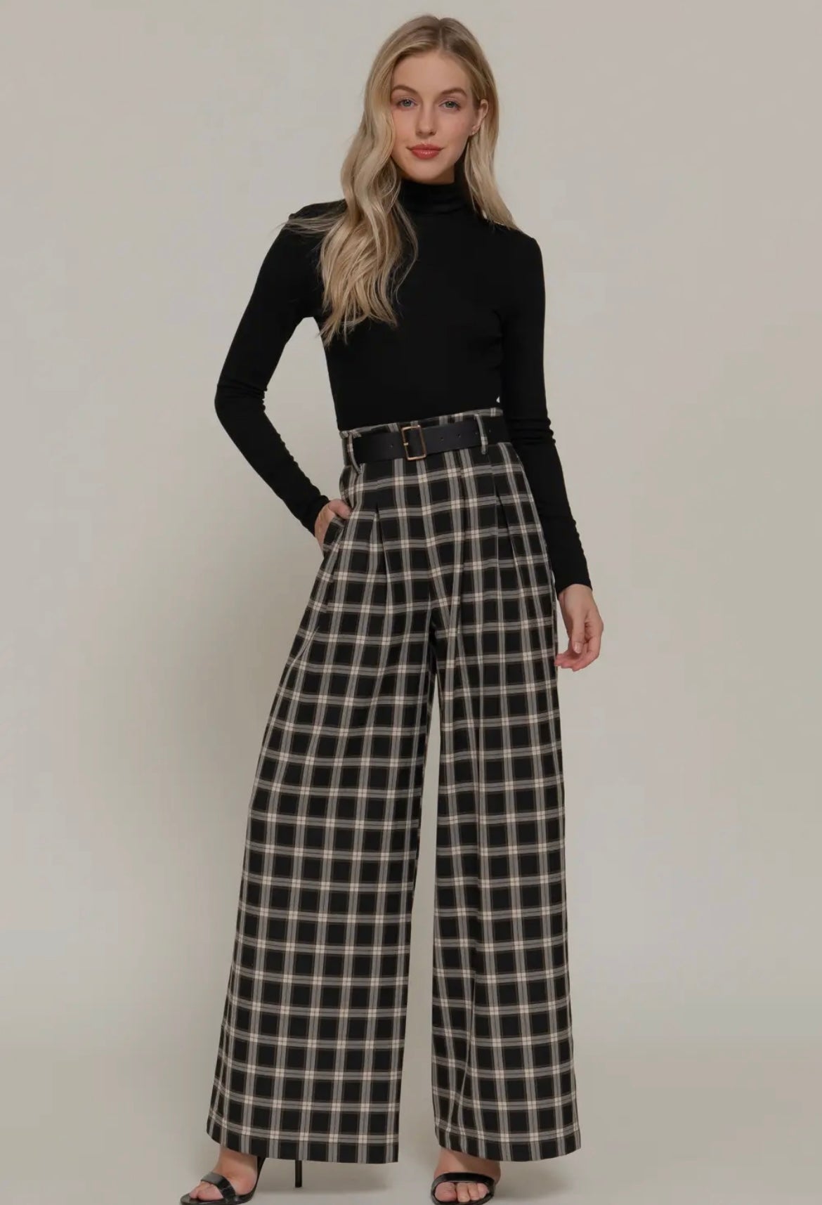 Plaid about you, Belted wide leg palazzo pant