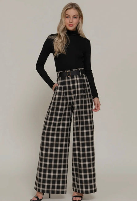 Plaid about you, Belted wide leg palazzo pant