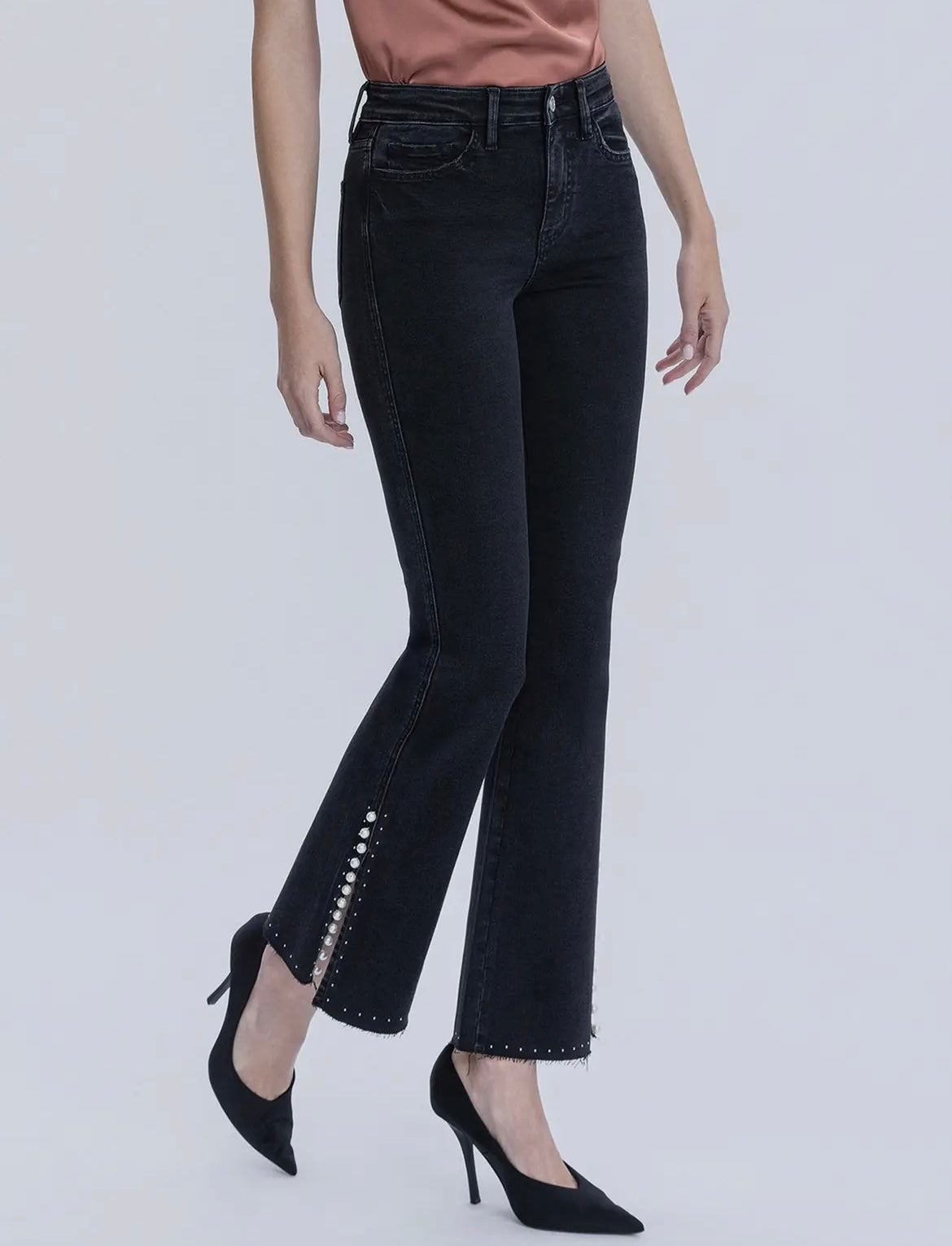 Baby Belle, High-Rise pearl embellished black bootcut jeans