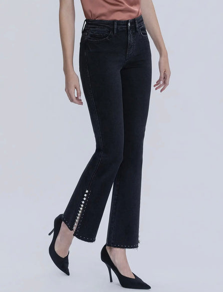 Baby Belle, High-Rise pearl embellished black bootcut jeans