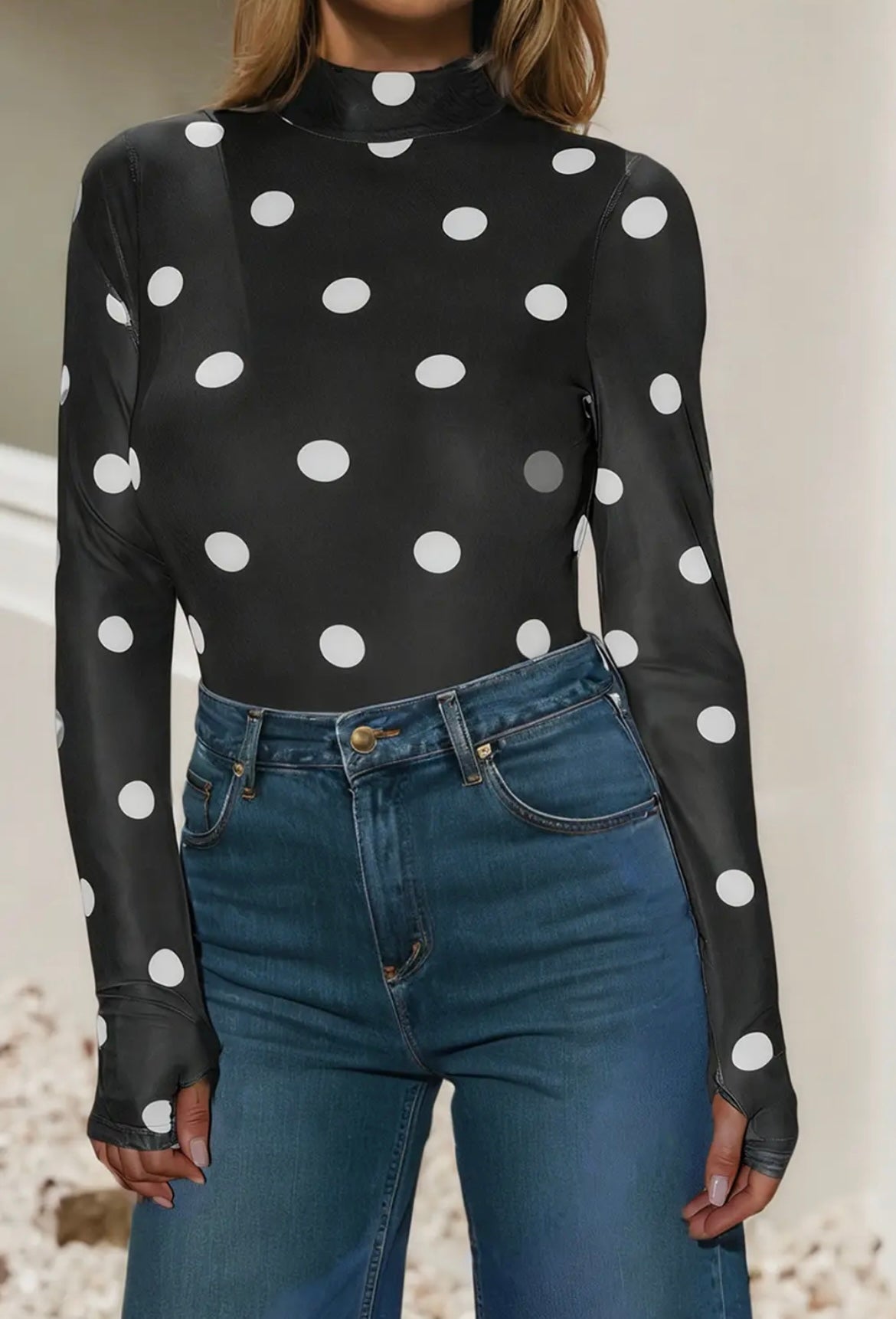 Polka dot, sheer mesh bodysuit with thumb holes