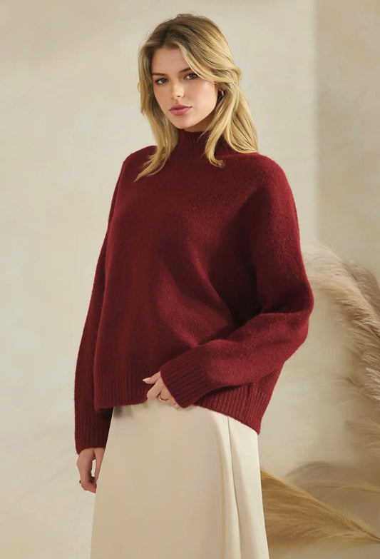 Claret, Wool blend Burgundy mock neck sweater
