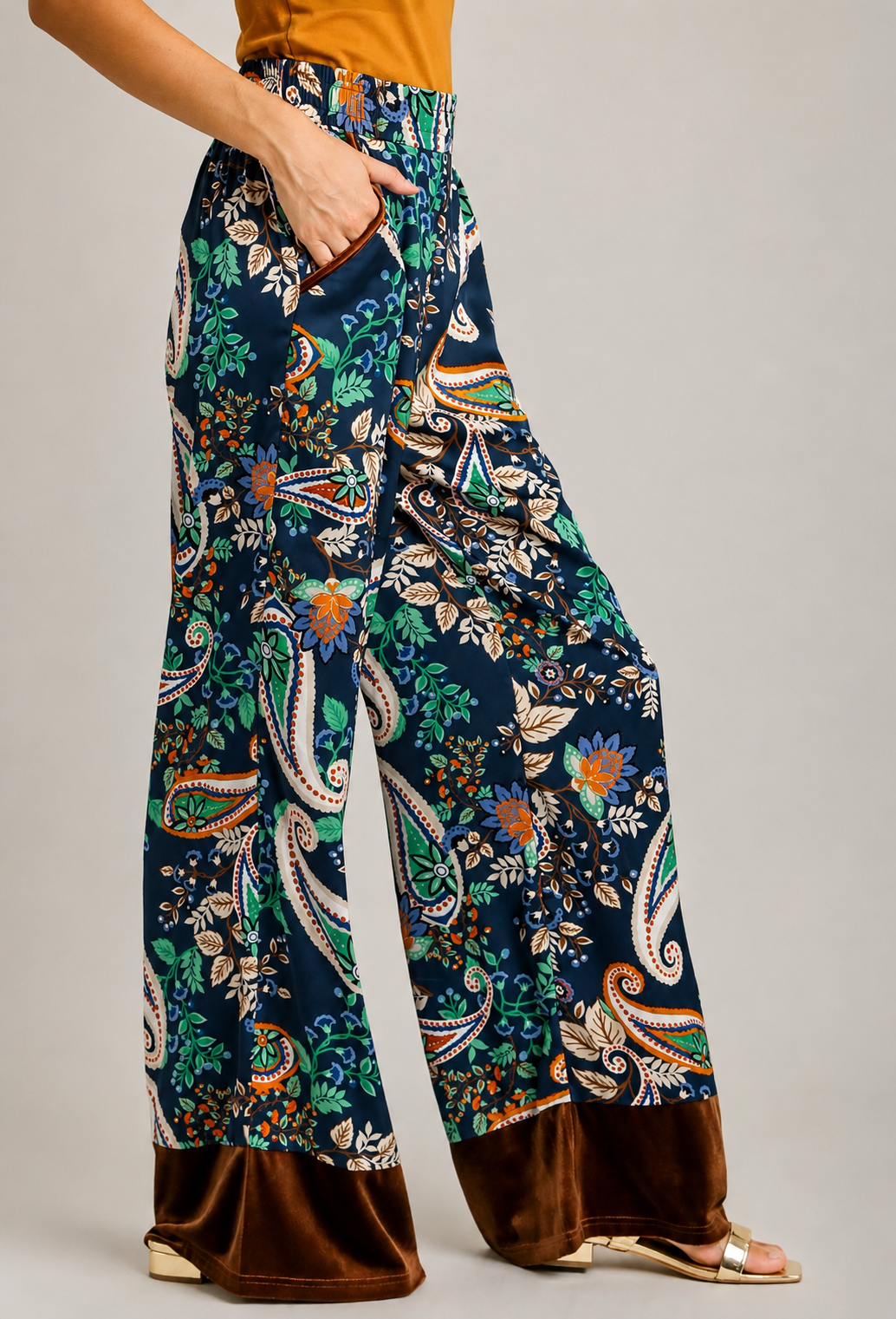 Midnight Paisley Velvet Trim Wide Leg Pants