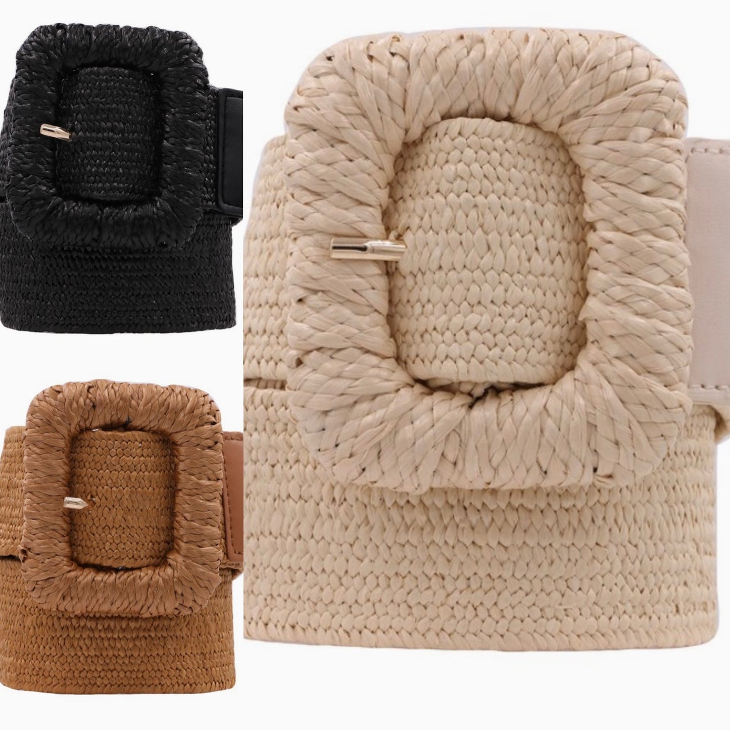 Boho Raffia Stretch Belt with Rattan Wrapped Buckle | Woven Summer Waist Belt