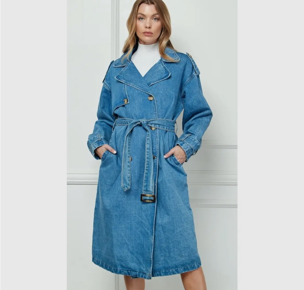 Denim trench coat with belt