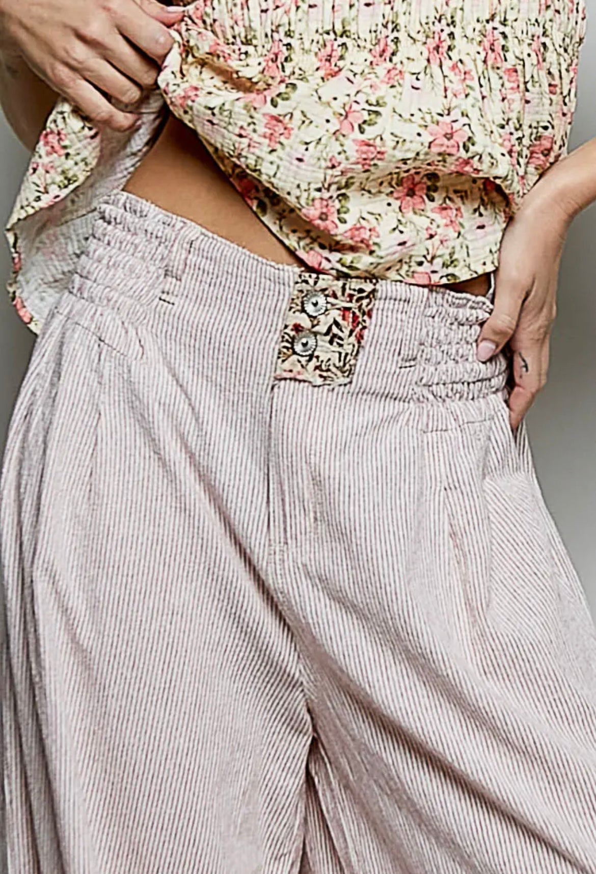 POL Blush Pinstripe Wide Leg Pants | Floral Trim Boho Palazzo Pants