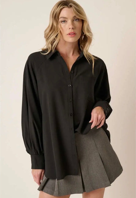 Effortless Black Oversized Button Down Tunic Top