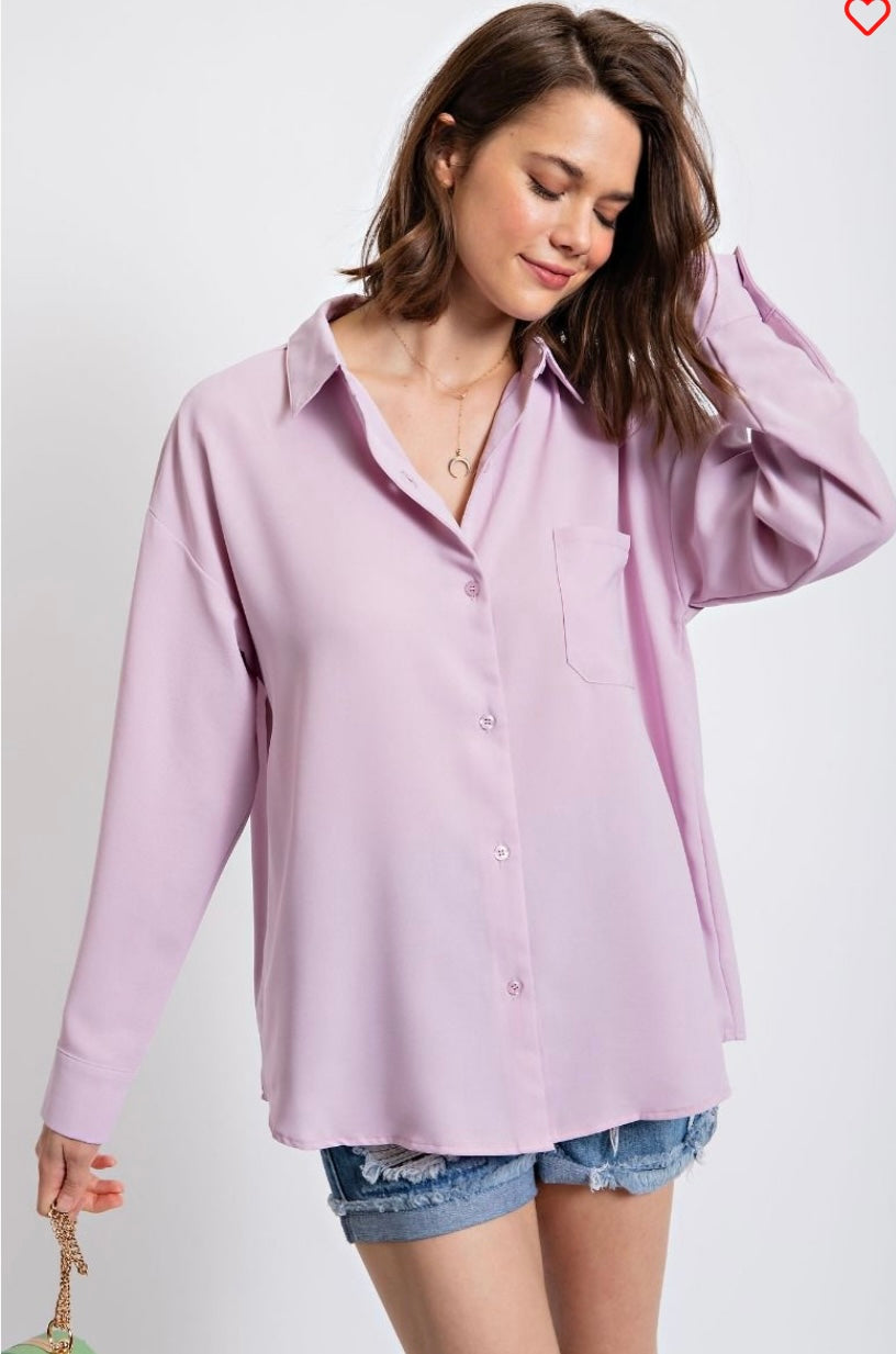 Lavender Luxe Relaxed Button Down Blouse – Soft Oversized Collared Top