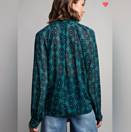 Midnight Mosaic, tie neck printed chiffon blouse