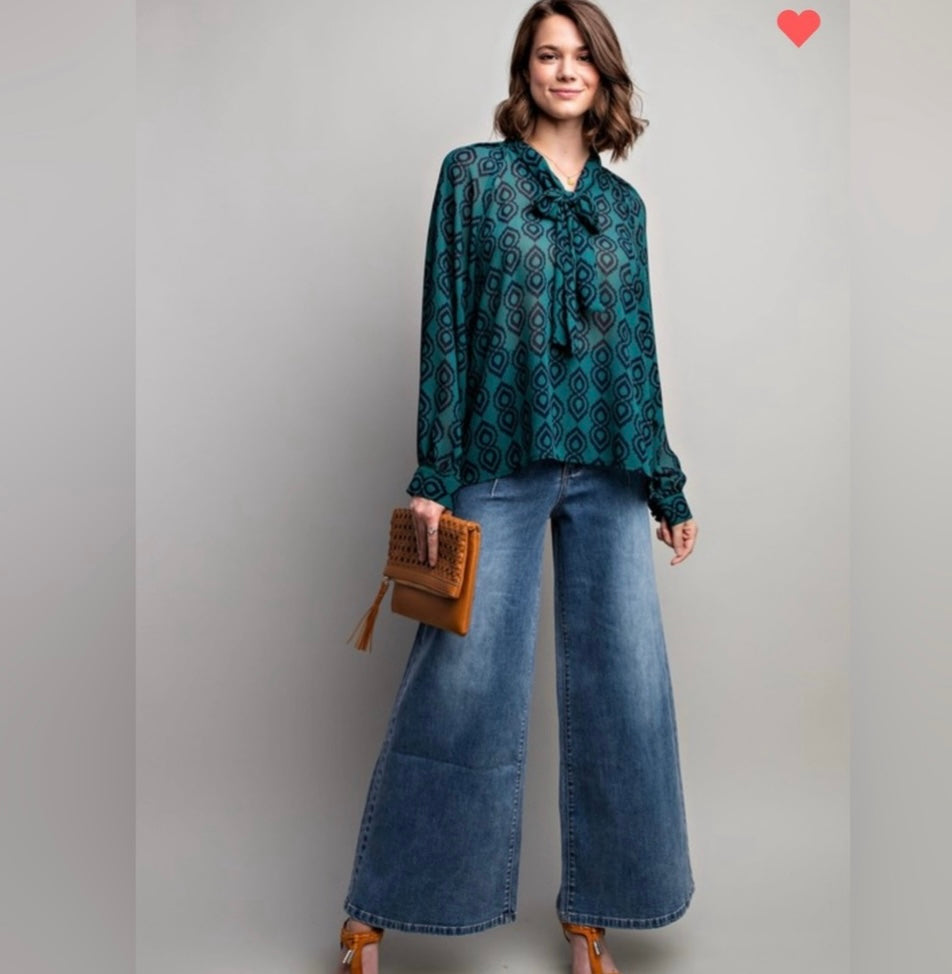 Midnight Mosaic, tie neck printed chiffon blouse
