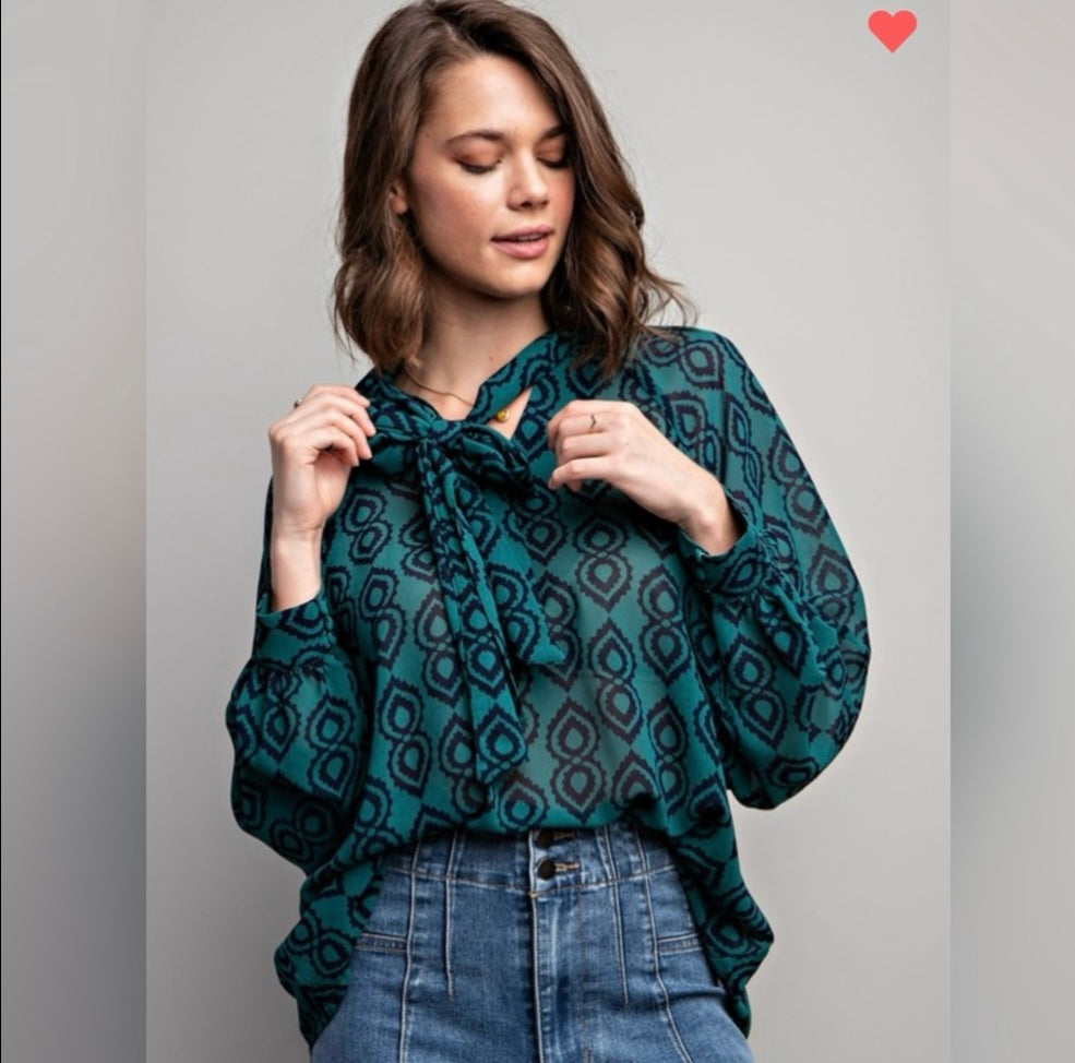Midnight Mosaic, tie neck printed chiffon blouse