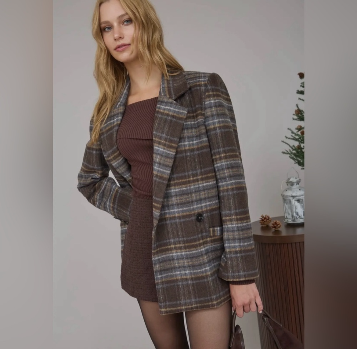 Tones of Brown, plaid notched collar Blazer Jacket