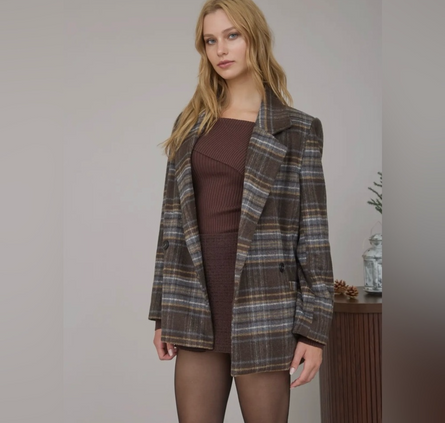 Tones of Brown, plaid notched collar Blazer Jacket