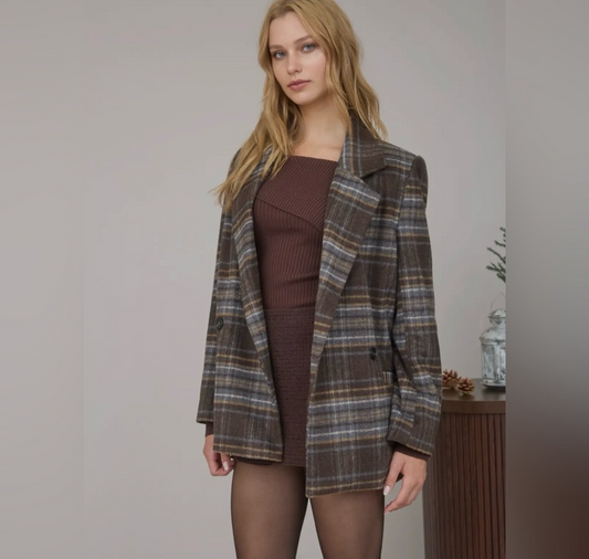 Tones of Brown, plaid notched collar Blazer Jacket