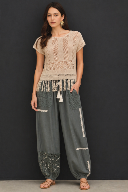 Lace Accent Patchwork Crochet Harem Jogger Pants