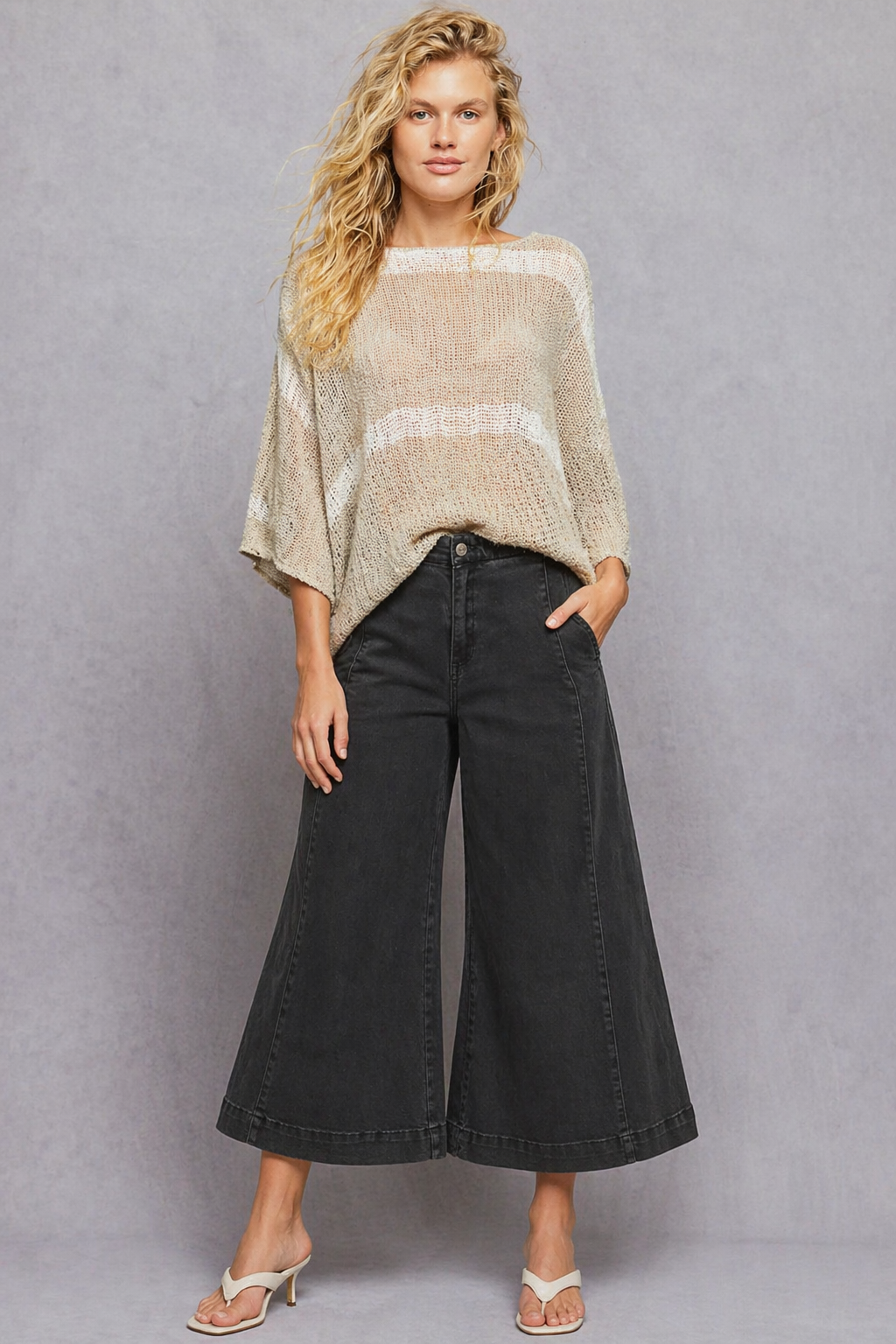 High Rise Black Wash Cropped Denim Gaucho Pants