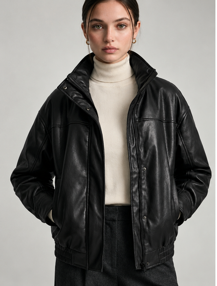 Women’s Oversized Vegan Leather Bomber Jacket | Black