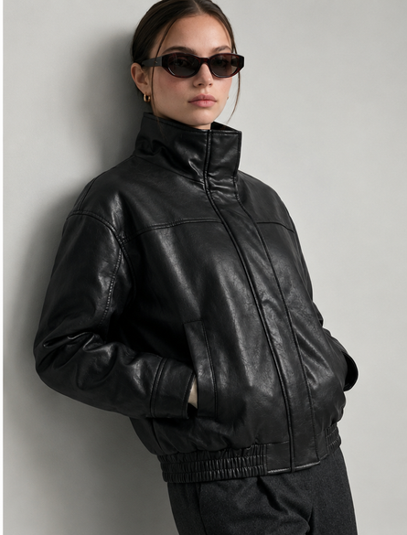 Women’s Oversized Vegan Leather Bomber Jacket | Black